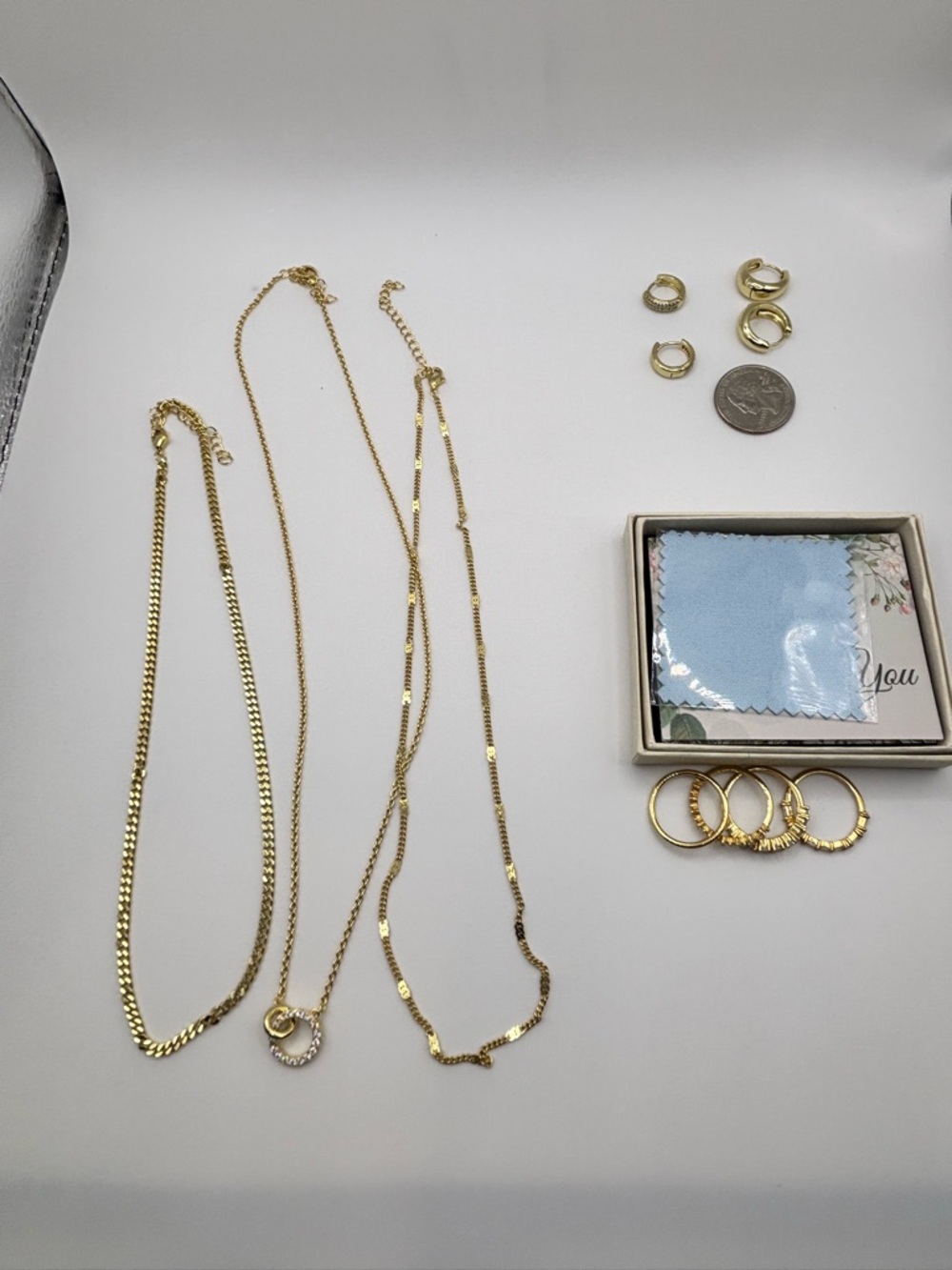 Gold Plated Stackable Jewelry Bundle Chains, Huggies & Rings Size 7 Set